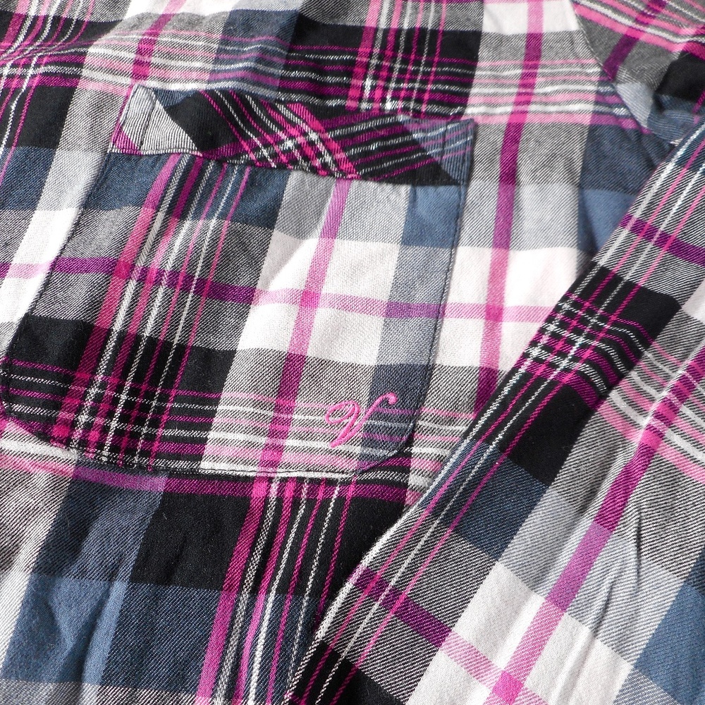 NWT Victoria Secret Flannel Pajama Set XXL 3pc Lounge Black Gray Hot Pink Plaid - Picture 5 of 15
